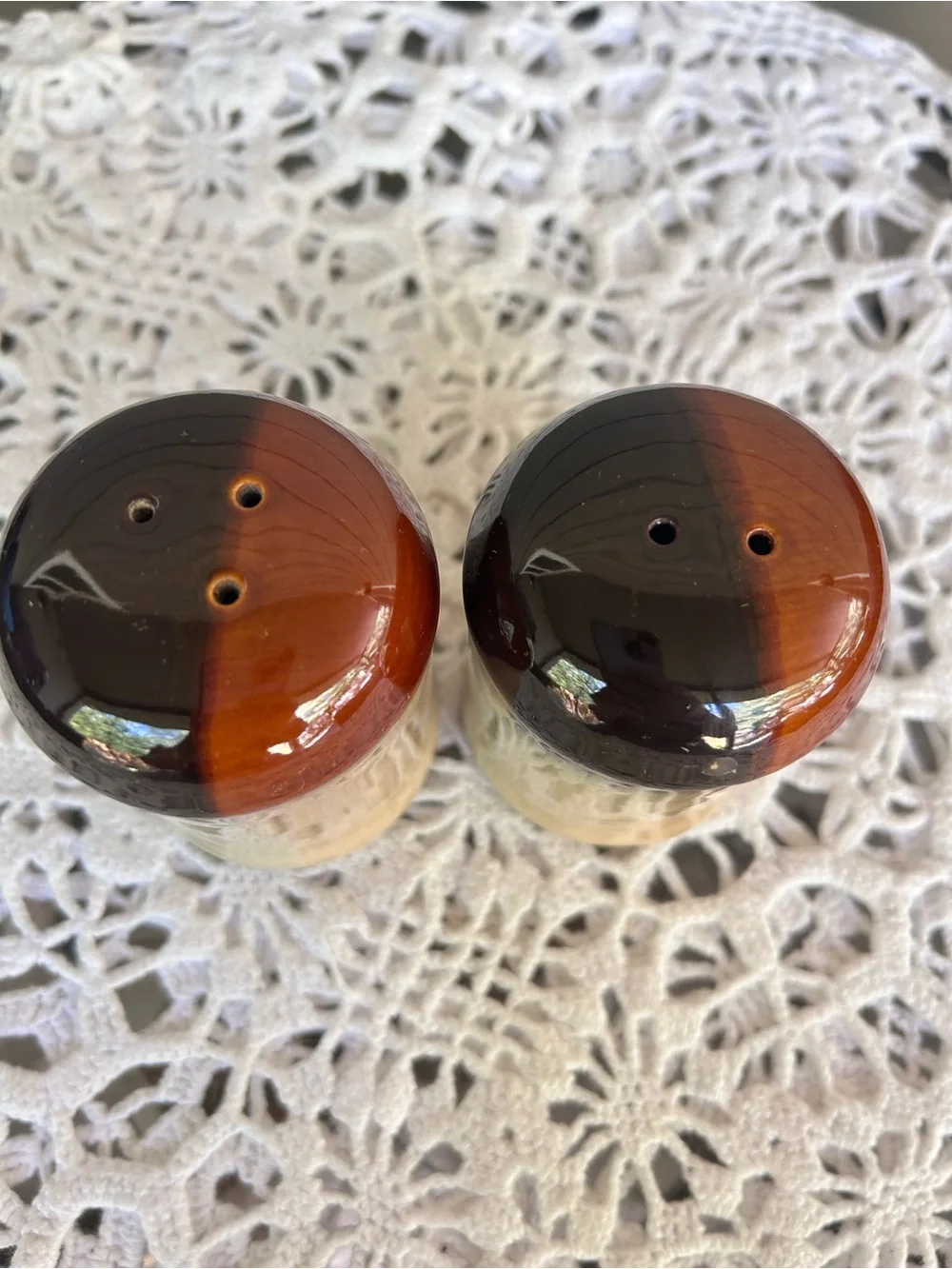 Glazed Ceramic Salt and Pepper Shakers in Brown and Cream